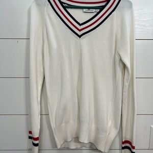 Vineyard Vines White V-Neck Sweater with Red and Black Accents